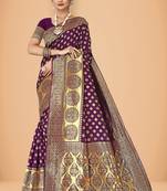 Purple woven silk blend banarasi womens saree with blouse