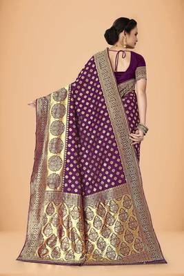 Purple woven silk blend banarasi womens saree with blouse 3