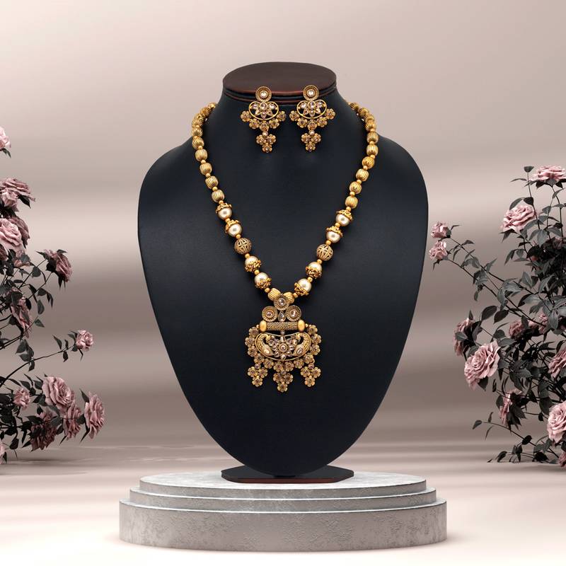 Gold color long matte gold necklace set