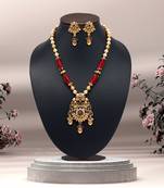 Maroon & green color long matte gold necklace set