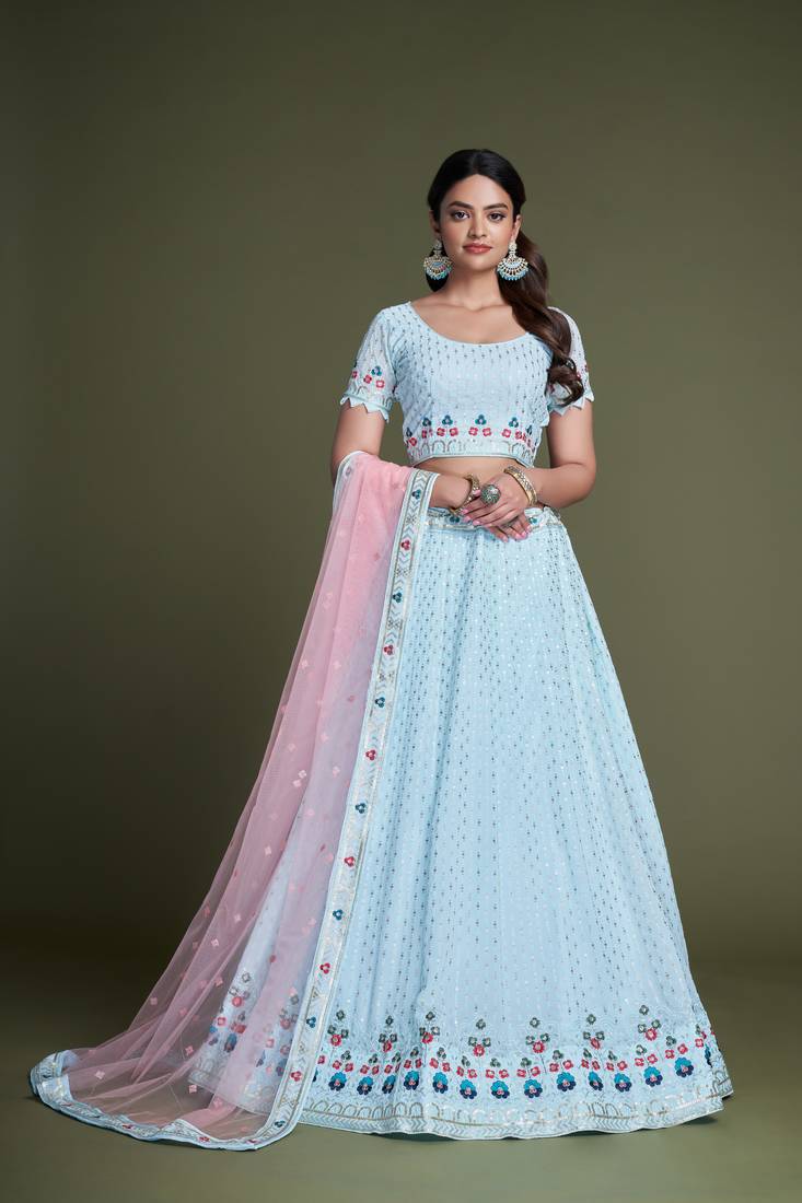 EILARA WOMEN'S SKY BLUE THREAD & EMBROIDERY WORK GEORGETTE FOR TRADITIONAL LEHENGA CHOLI