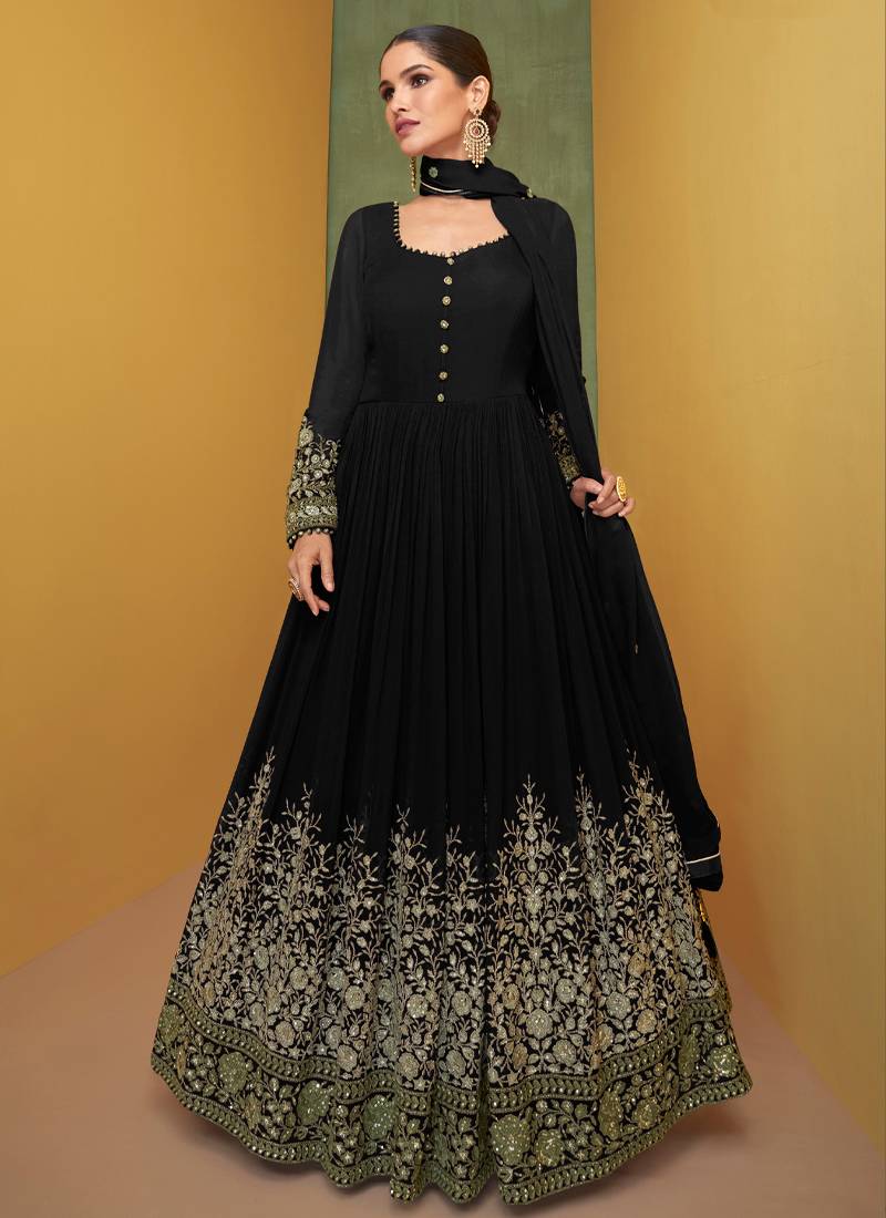 Black Georgette Anarkali Gown Indian Ethnic Wear - KREATAGHNA COLLECTION -  4185418