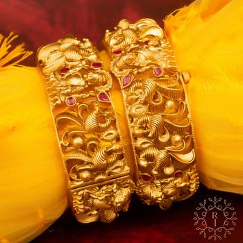Brass Rajwadi Plated Temple Goddess Laxmi Design Handcrafted Ruby Stone Bangles Set 1