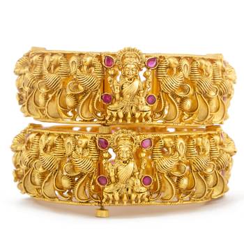Brass Rajwadi Plated Temple Goddess Laxmi Design Handcrafted Ruby Stone Bangles Set 2