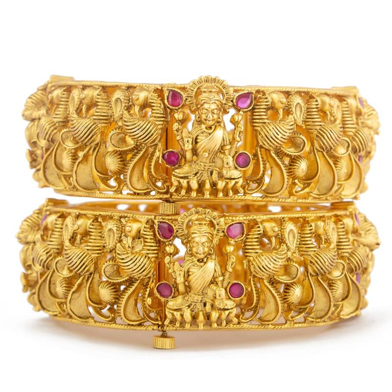 Brass Rajwadi Plated Temple Goddess Laxmi Design Handcrafted Ruby Stone Bangles Set
