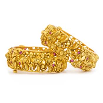 Brass Rajwadi Plated Temple Goddess Laxmi Design Handcrafted Ruby Stone Bangles Set 3