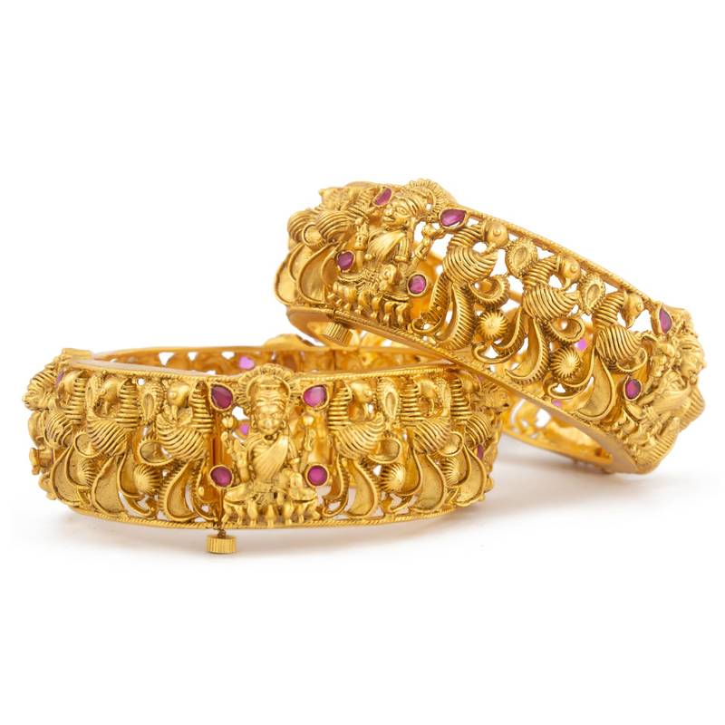 Brass Rajwadi Plated Temple Goddess Laxmi Design Handcrafted Ruby Stone Bangles Set