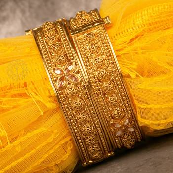Elegance Brass Rajwadi Plated Floral Design Stone Kada/Bangles Set 1
