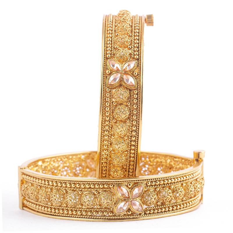 Elegance Brass Rajwadi Plated Floral Design Stone Kada/Bangles Set
