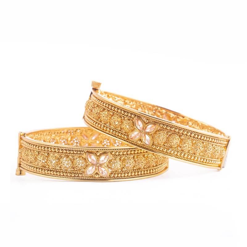 Elegance Brass Rajwadi Plated Floral Design Stone Kada/Bangles Set