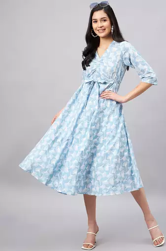 Winered light blue floral print dress