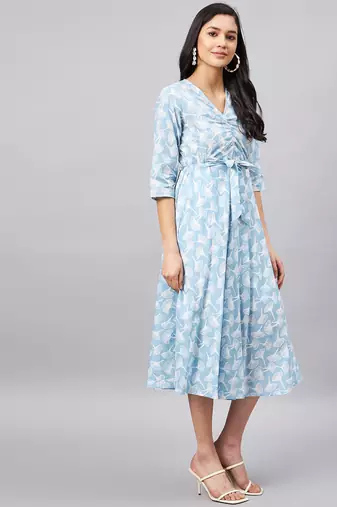 Winered light blue floral print dress