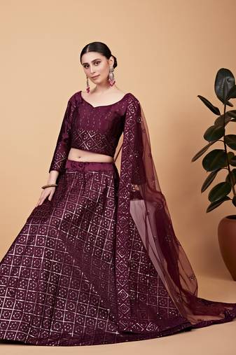 WINE THREAD & SEQUINS EMBROIDERED TEBI SILK DESIGNER WEDDING & PARTY WEAR FESTIVAL SEMI STITCHED LEHENGA