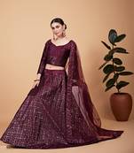 WINE THREAD & SEQUINS EMBROIDERED TEBI SILK DESIGNER WEDDING & PARTY WEAR FESTIVAL SEMI STITCHED LEHENGA