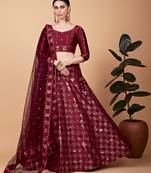 RED THREAD & SEQUINS EMBROIDERED TEBI SILK DESIGNER WEDDING & PARTY WEAR FESTIVAL SEMI STITCHED LEHENGA