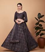 GREY THREAD & SEQUINS EMBROIDERED TEBI SILK DESIGNER WEDDING & PARTY WEAR FESTIVAL SEMI STITCHED LEHENGA