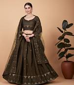 MEHENDI THREAD & SEQUINS EMBROIDERED TEBI SILK DESIGNER WEDDING & PARTY WEAR FESTIVAL SEMI STITCHED LEHENGA