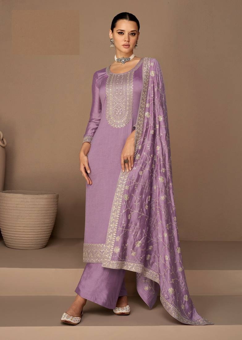 Purple Designer Heavy Embroidery Work Silk unstitched Long Length Kameez Sharara party wear salwarsuit