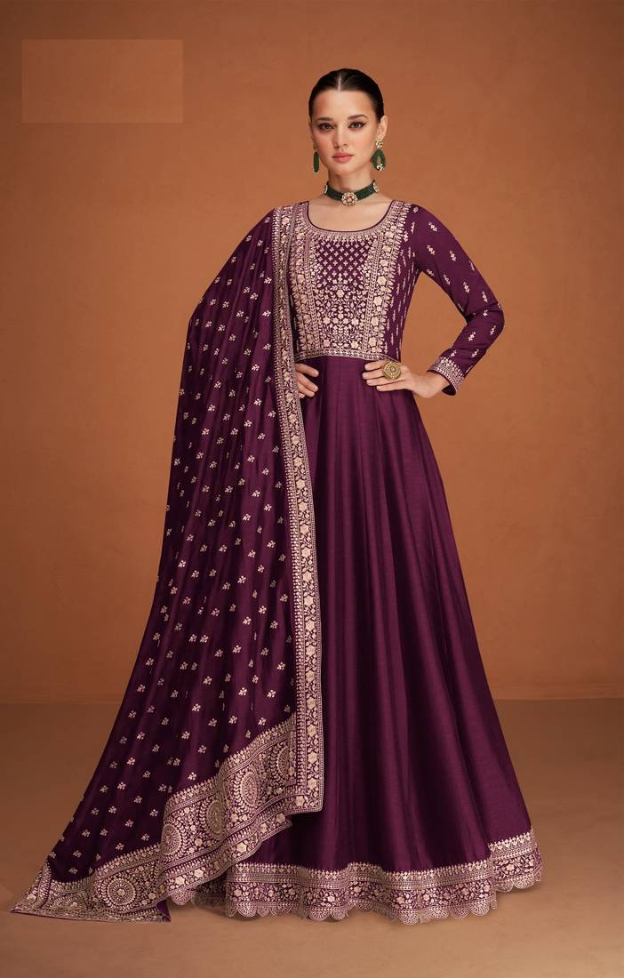 Purple Designer Heavy Embroidery Work Silk unstitched Long Length Kameez Pant party wear salwarsuit