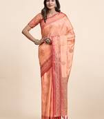 Lookslady womens new designer orange color katan silk woven banarasi saree with unstitched blouse