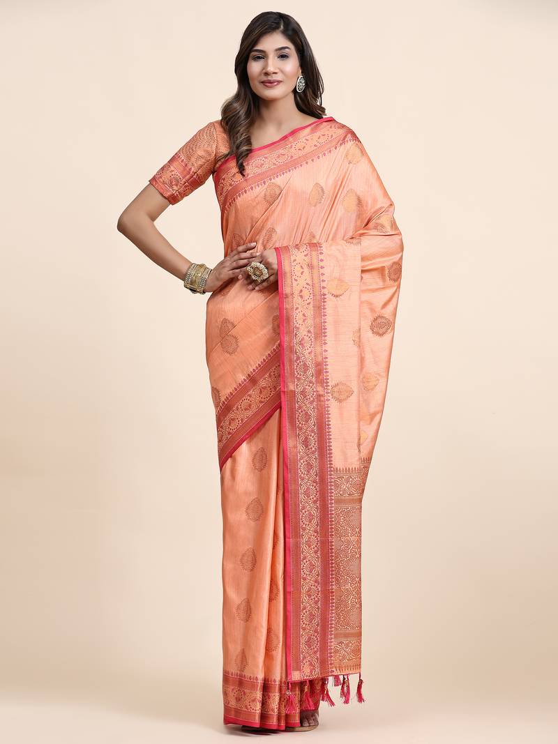Lookslady womens new designer orange color katan silk woven banarasi saree with unstitched blouse