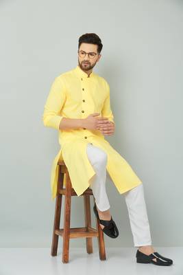 Lemonx Cotton Yellow Royal Sherwani Type Kurta Payjama 1