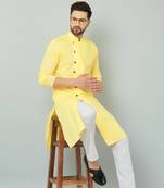 Lemonx Cotton Yellow Royal Sherwani Type Kurta Payjama