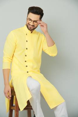 Lemonx Cotton Yellow Royal Sherwani Type Kurta Payjama 3