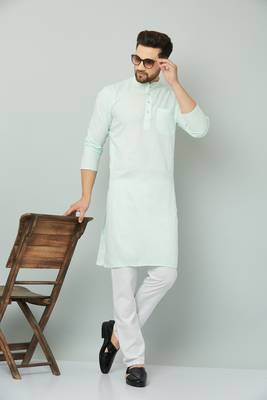 Lemonx Classy Look Green Cotton kurta & Payjama set for men's 1