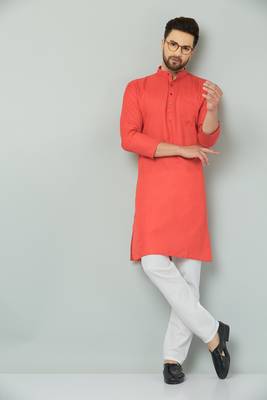 Lemonx Classy Look Red Cotton kurta & Payjama set for men's 1