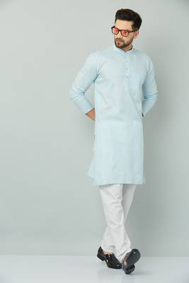 Lemonx Classy Look Sky-Blue Cotton kurta & Payjama set for men's 1