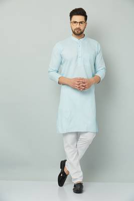 Lemonx Classy Look Sky-Blue Cotton kurta & Payjama set for men's 2