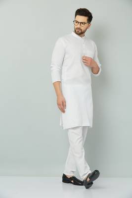 Lemonx Classy Look White Cotton kurta & Payjama set for men's 3