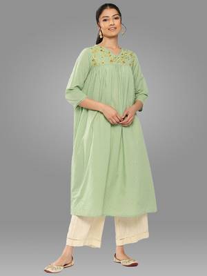 Janasya women's sage green dobby cotton solid empire kurta 1
