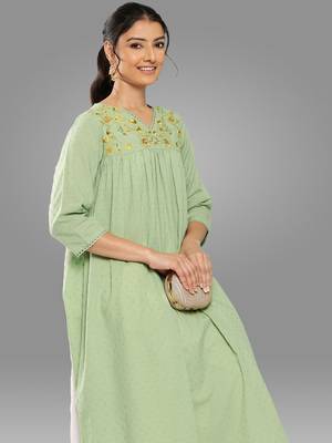 Janasya women's sage green dobby cotton solid empire kurta 2
