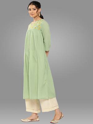 Janasya women's sage green dobby cotton solid empire kurta 3