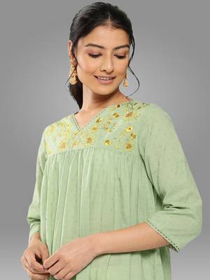 Janasya women's sage green dobby cotton solid empire kurta 4