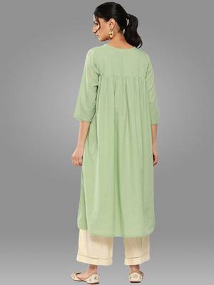 Janasya women's sage green dobby cotton solid empire kurta 5