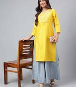 Janasya women's yellow poly silk solid straight kurta