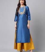 Janasya women's blue poly silk solid straight kurta