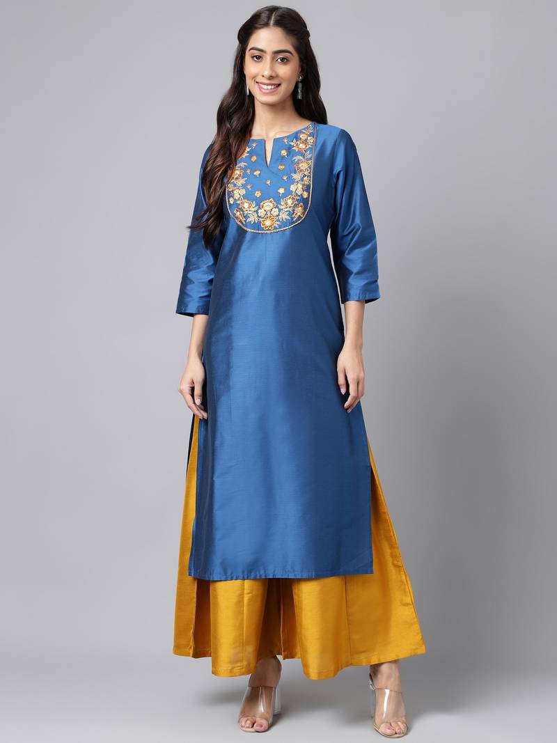 Janasya women's blue poly silk solid straight kurta