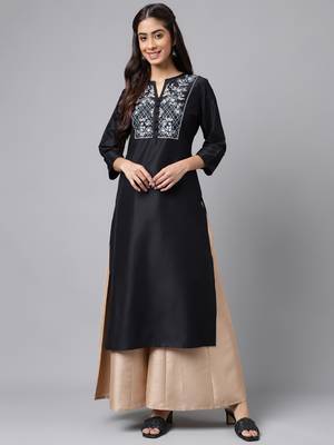 Janasya women's black poly silk solid straight kurta 1