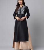 Janasya women's black poly silk solid straight kurta