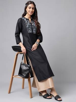 Janasya women's black poly silk solid straight kurta 2