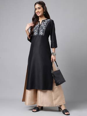 Janasya women's black poly silk solid straight kurta 3