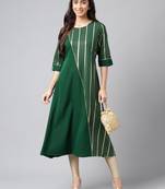 Janasya women's dark green crepe foil printed a-line kurta