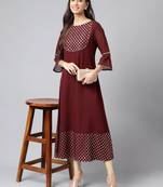 Janasya women's wine crepe foil printed a-line kurta
