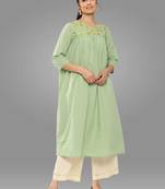 Janasya women's sage green dobby cotton solid empire kurta