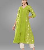 Janasya women's lime green rayon foil printed a-line kurta