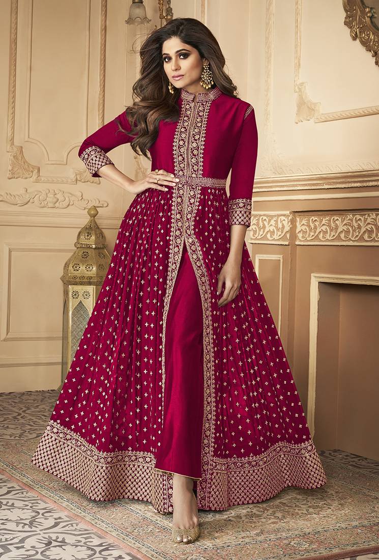 Crimson color georgette embroidered semi stitched salwar kameez